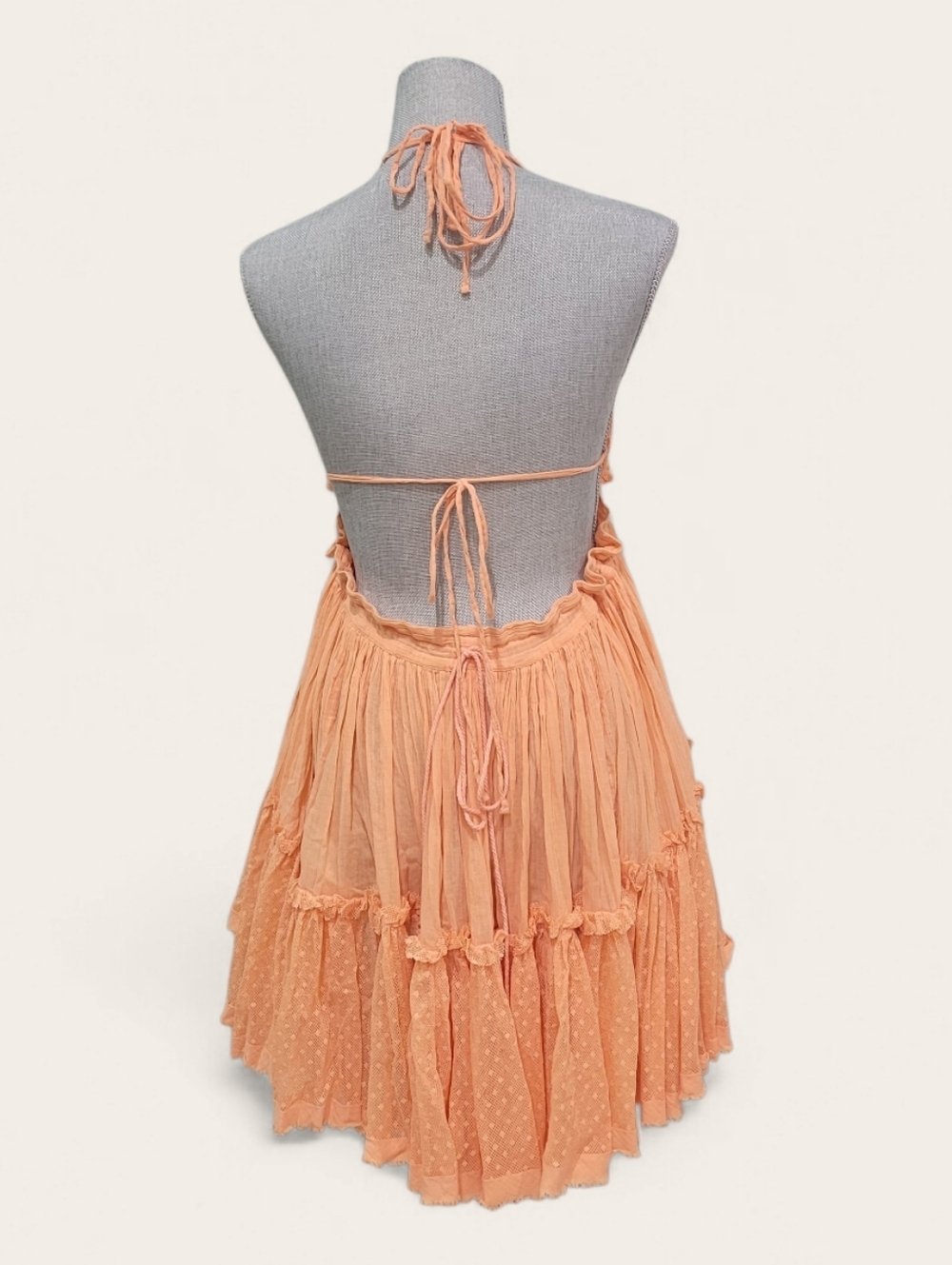 Free People Peach Tiered Cotton Gauze Mini Dress Self-Tie, Adj Waist - Picture 6 of 8